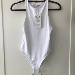 Zara White Halter Neck Bodysuit Trf Racer Back Top